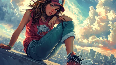 Urban rooftop portrait of relaxed teen girl at golden hour