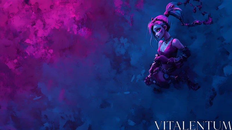 Neon lit punk girl in asymmetrical magenta blue environment