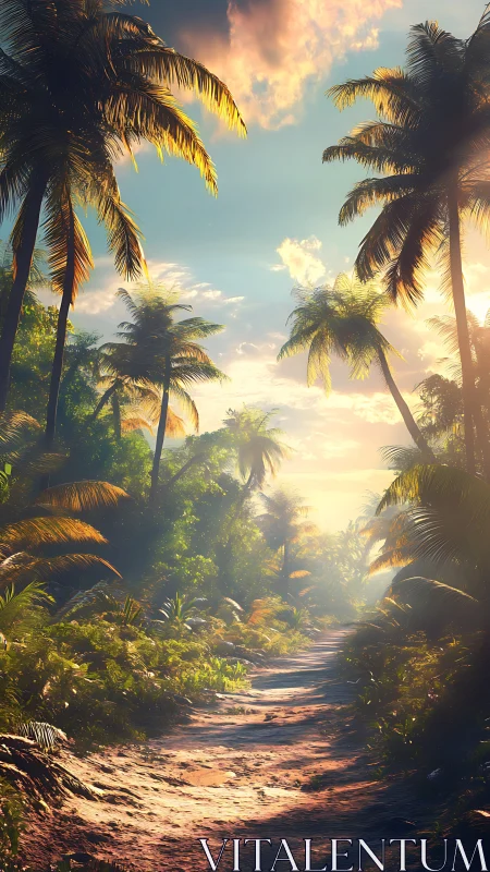 Sunlit tropical jungle path rendered in high-detail realism