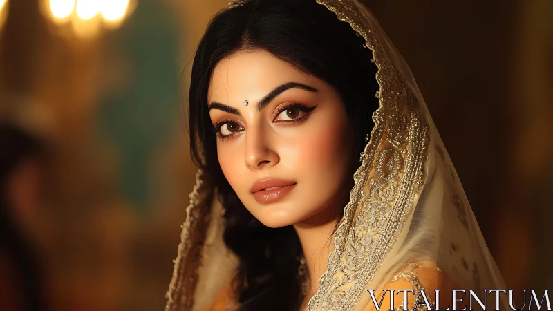 Portrait of woman in embroidered veil under warm lighting.