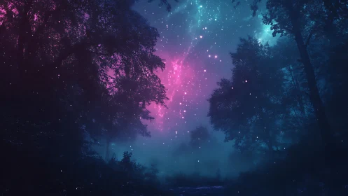 Enchanted nebula forest under bioluminescent night sky.