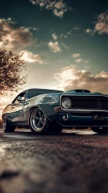 Classic muscle car prowls sunset street in low stance.