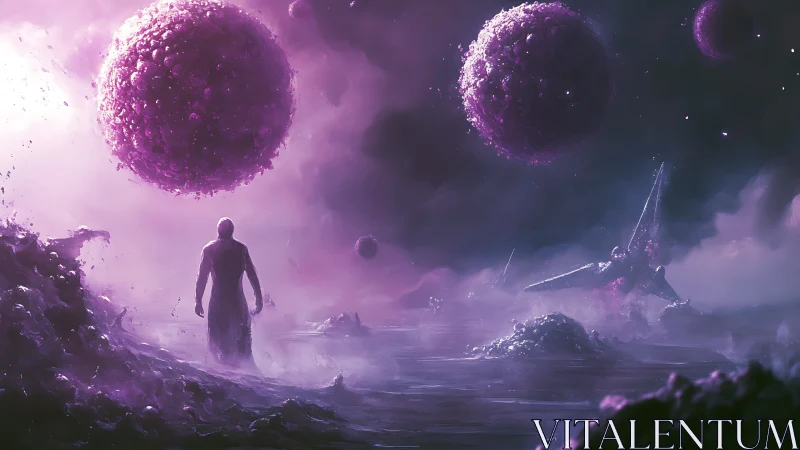 Celestial wanderer beneath luminous violet spheres.