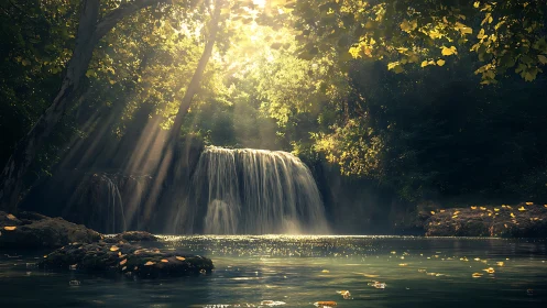 Sunlit forest waterfall with calm reflective pool below.