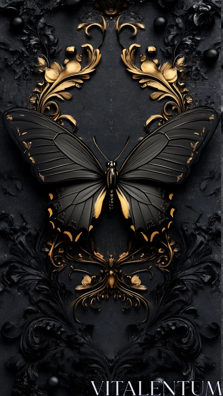 Black butterfly with gold baroque ornament on dark panel.