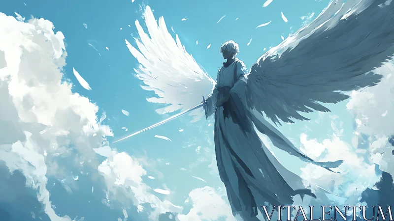 Winged swordsman stands in bright blue sky with clouds.