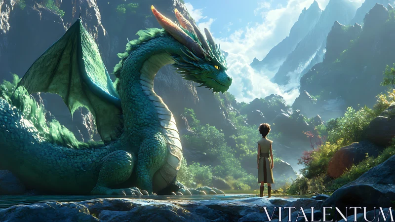 Young adventurer meets gentle emerald dragon in bright valley
