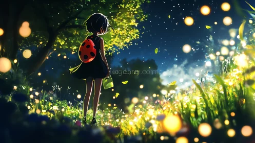 Girl stands in illuminated forest clearing under night sky