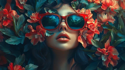Digital painting portrait with floral frame and reflective shades.