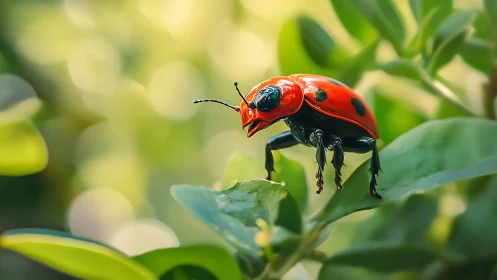 Macro study of glossy red ladybird on verdant foliage.