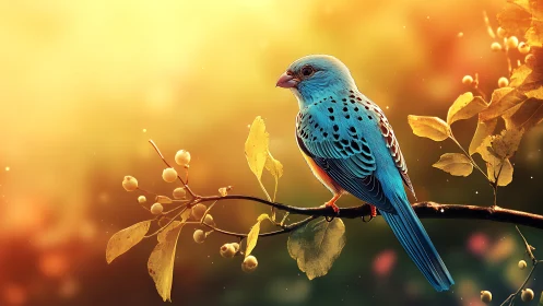 Vibrant blue songbird on autumn branch, dreamy digital art scene.