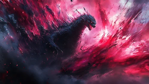 Dark dragon silhouette within violent red energy storm.