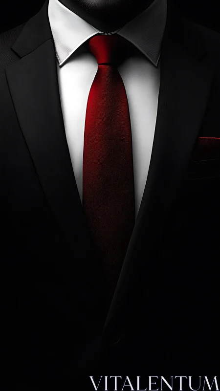 Sharp black suit and vivid red tie under dramatic lighting.