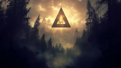 Glowing geometric triangle hovers above misty twilight forest