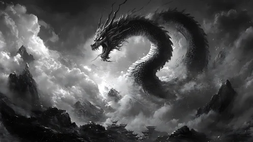 Monochrome serpentine dragon coils above misty mountain range