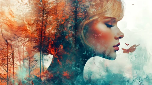 Profile of woman merged with abstract forest landscape.
