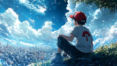 少年が丘から都市を俯瞰し広大な雲海を見上げるアニメ構図