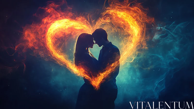 Silhouetted figures positioned against luminous fire-formed heart.