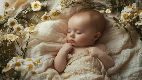 Sleeping Infant Surrounded by Daisies and Dried Florals