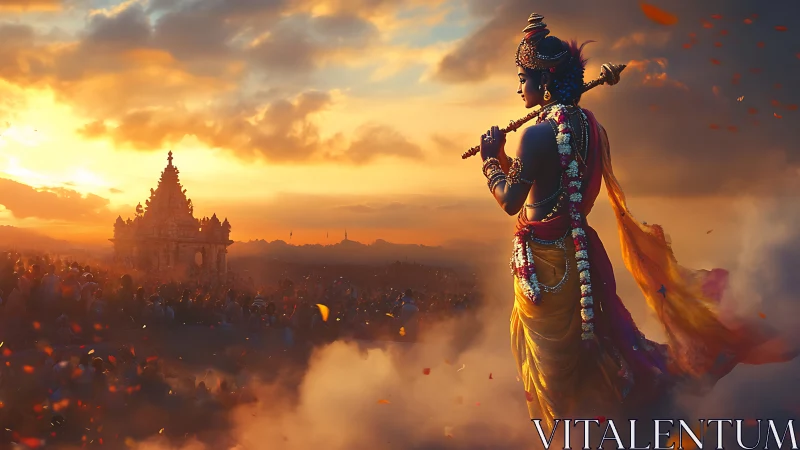 Divine figure watches temple crowds in radiant sunset mist