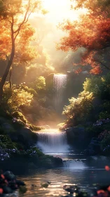 Sunlit forest waterfall hums softly through autumn bloom