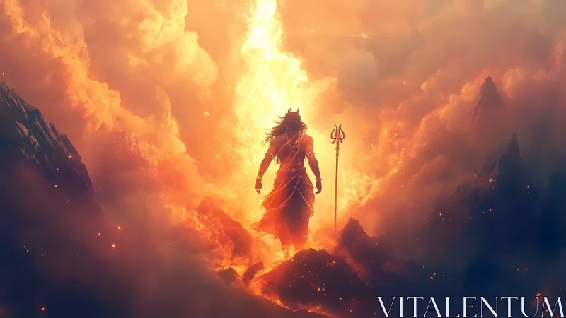 Fiery robed figure with trident amid glowing clouds.
