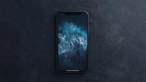 Modern smartphone displaying turbulent atmospheric formations with electric blue plasma effects.