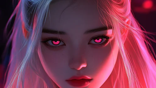 Luminous pink-eyed heroine glowing in neon nightlight.