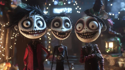 Three jittery skeletons beam under carnival string lights