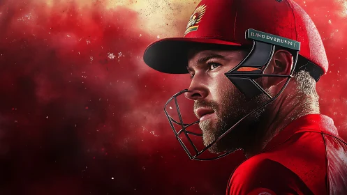Digital painting portrait of cricketer in dramatic red field.