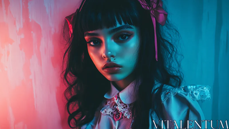 Bicolor neon portrait with cinematic depth-of-field lighting.