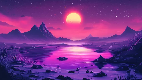 Neon pink sun sets over stylized mountains and lake