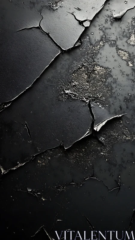 Cracked black surface reveals gritty metallic texture beneath