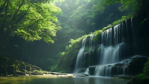 Tiered forest waterfall descends over rock ledges into pool