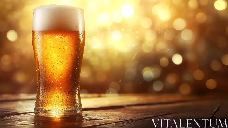 Pint glass of light beer on wooden surface, bokeh background.