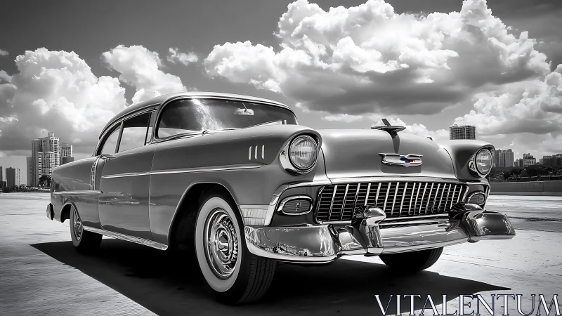 Classic midcentury Chevrolet parked under dramatic clouds.