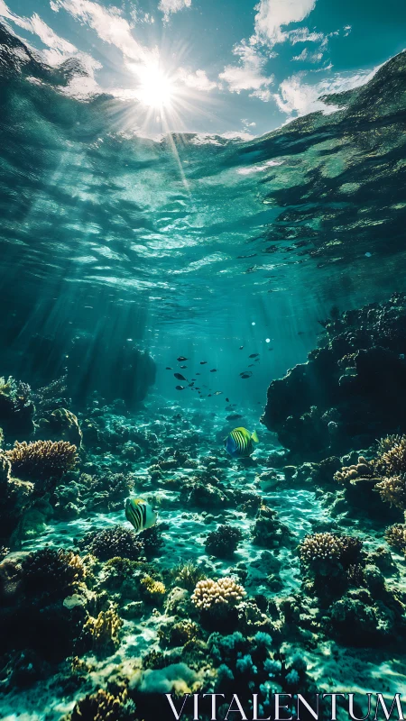 Sunlit coral reef seafloor with striped fish in clear water.