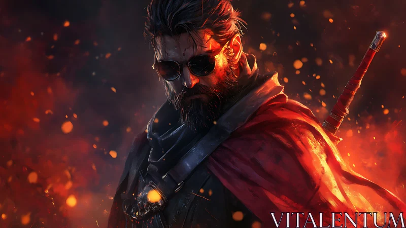 Firelit warrior portrait with burning cloak and katana