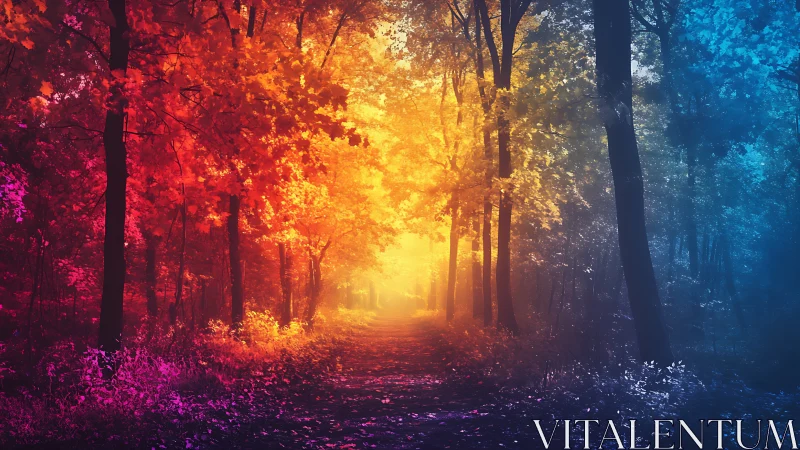Color gradient forest path with warm and cool light tones.