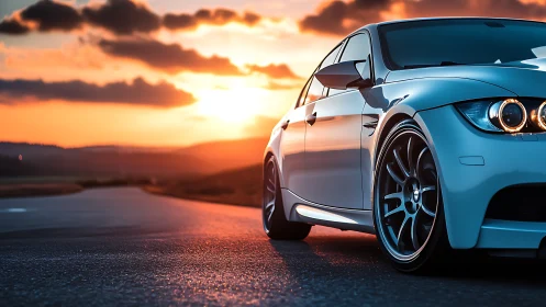 Sunset sprint: silver sports sedan prowls the open highway.