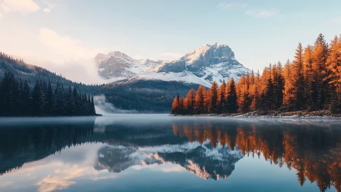 Alpine lake mirror-symmetry captures snow peaks and autumn larches