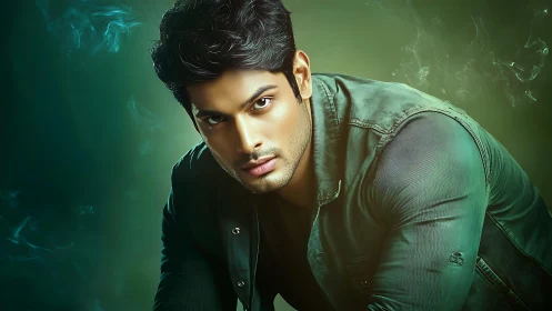 Photorealistic male portrait with cinematic green tonal styling.