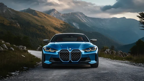 Electric performance coupe on alpine gravel pass at dusk.