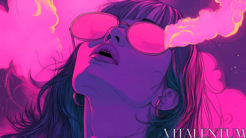 Neon lit woman exhales pink vapor in dreamy close-up.