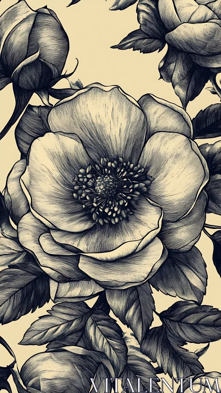Botanical rose engraving with intricate monochrome linework.