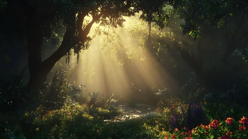 Enchanted Forest Glade with Golden Sunlight and Vibrant Blossoms