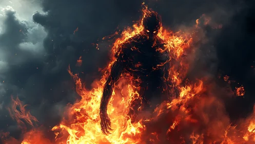 Flaming humanoid silhouette emerging from infernal storm.