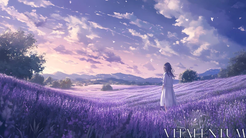 Girl standing in vast purple flower field at sunset sky