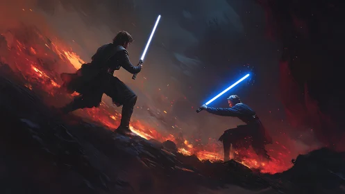 Volcanic ridge duel with blue plasma swords in lava glow