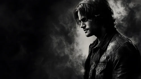 Brooding leather‑clad man in moody monochrome portrait.